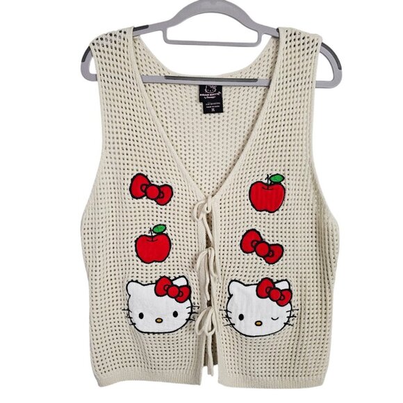 HELLO KITTY Patches Open Knit Sweater Vest BEIGE WHITE & RED size XL Hot Topic - Picture 2 of 10